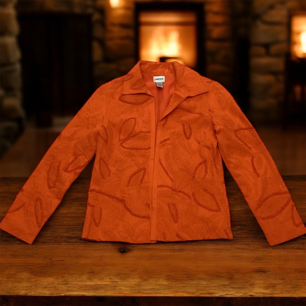 Chico's Orange Textured Leaf Applique Jacket Blazer Size 0-small 4 - Picture 2 of 10